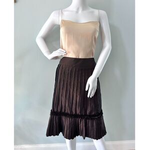 Vintage Y2k Brown Pleated Silk Skirt High Waist Textured Hem A-Line Lined size 6